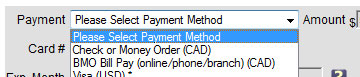 Check or Money Order (CAD) & BMO Bill Pay (online/phone/branch) payment methods on checkout screen