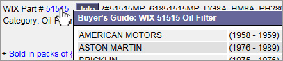 Clicking on a part number shows a list of other cars the part fits