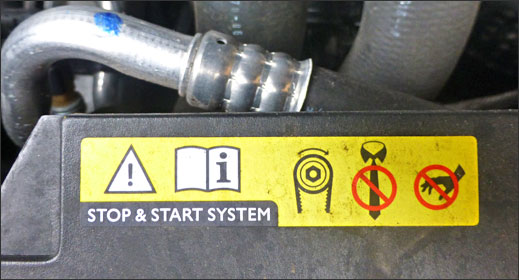 Stop/start sticker under Citroen hood